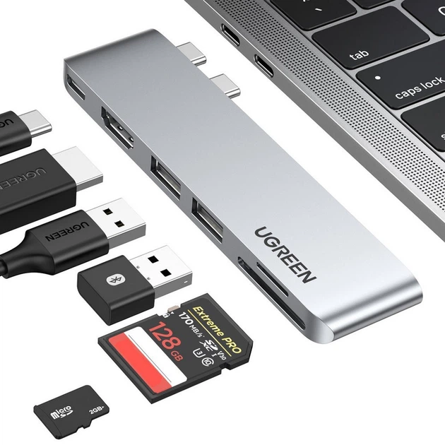 USB-хаб UGREEN CM380 Dual USB-C To HDMI+2xUSB 3.0 A+TF/SD+USB-C Female Converter Space Gray (80856) - зображення 2