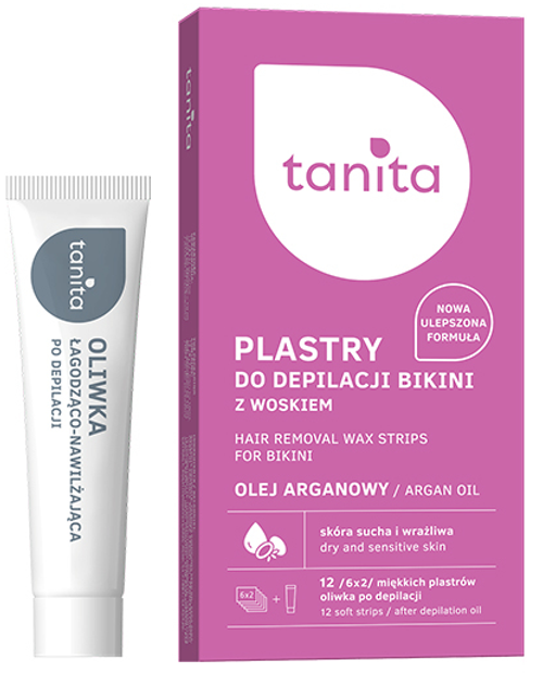 Plastry do depilacji bikini Tanita Hair Removal Olej Arganowy 12 szt + oliwka po depilacji 10 ml (5900793042476) - obraz 1