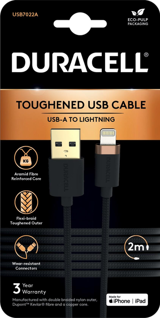 Kabel Duracell Kevlar Braided USB Type-A to Lightning C89 3 A 2 m Black (USB7022A) - obraz 1