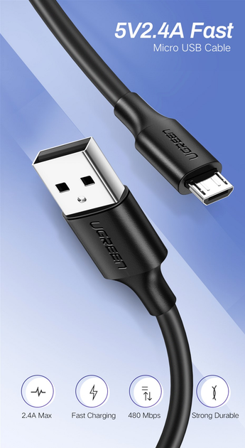 Кабель Ugreen US289 USB 2.0 to Micro Cable Nickel Plating 2 А 0.5 м Black (6957303861354) - зображення 3