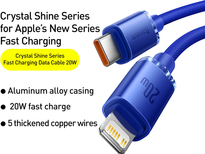 Kabel Baseus Crystal Shine Series Fast Charging Data Cable Type-C to iP 20 W 1.2 m Blue (CAJY000203) - obraz 2