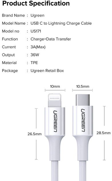 Kabel Ugreen US171 USB 2.0 Type-C M-Lightning m 3 A Nickel Plating ABS Shell 1.5 m White (6957303867486) - obraz 7