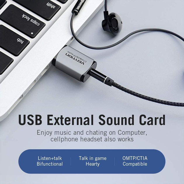 Внешняя звуковая карта Vention USB на 3.5мм minijack с поддержкой микрофона TRRS, OMTP, CTIA 16bit 48kHz CDLH0 - изображение 2
