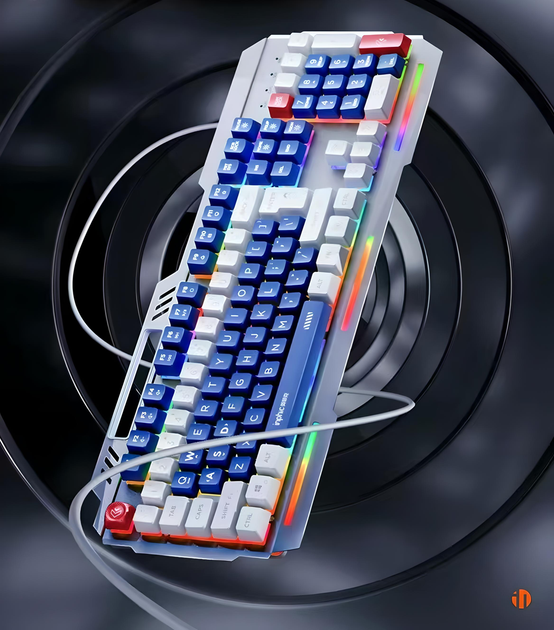 Клавіатура INPHIC K9 MECHA дротова повнорозмірна з регульованим підсвічуванням RGB, безшумна, синьо-білий (Eng) - зображення 3