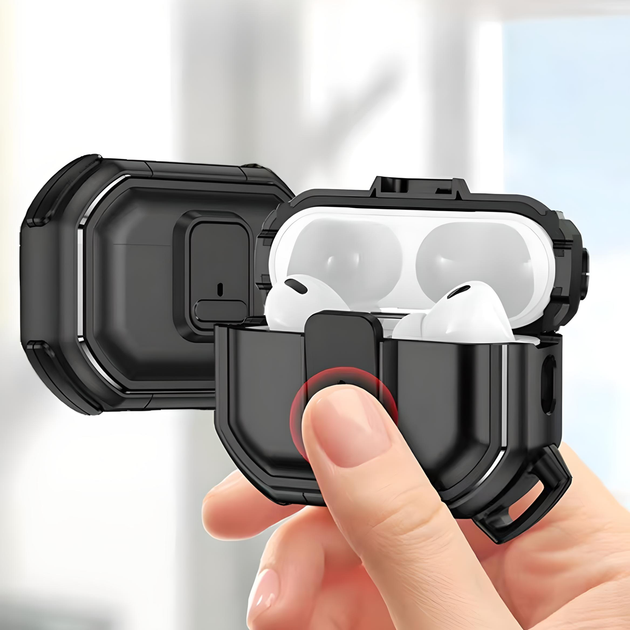 Защитный ударопрочный чехол для наушников AirPods PRO 2 с карабином и защёлкой, чёрный - изображение 4