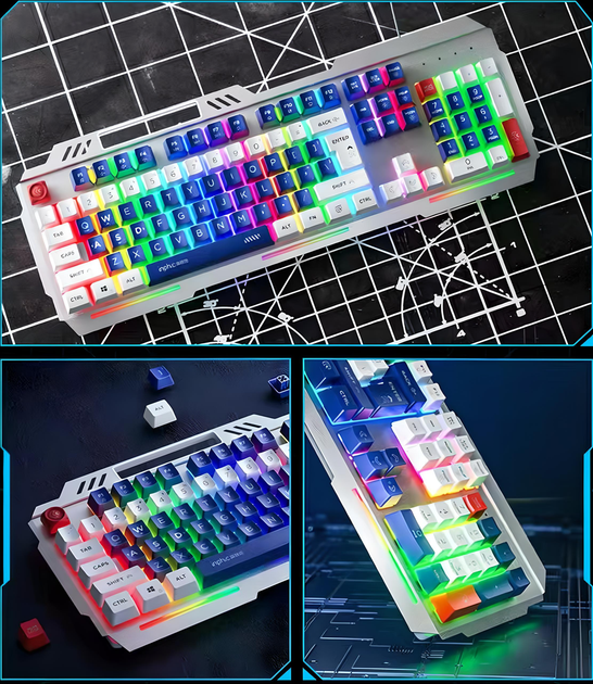 Клавіатура INPHIC K9 MECHA дротова повнорозмірна з регульованим підсвічуванням RGB, безшумна, синьо-білий (Eng) - зображення 5