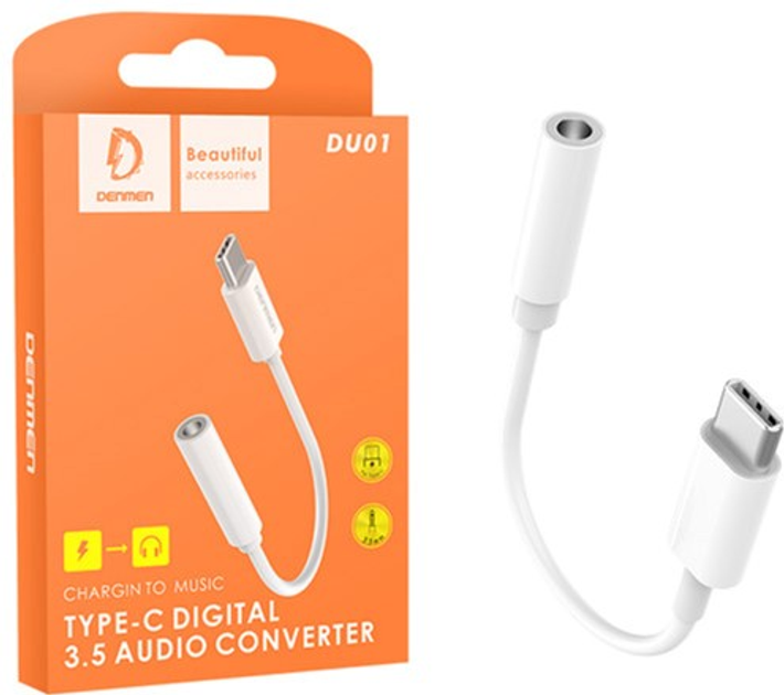 Kabel adapter Denmen USB Type-C - mini Jack 3.5 mm 0.2 m White (6973224872903) - obraz 1