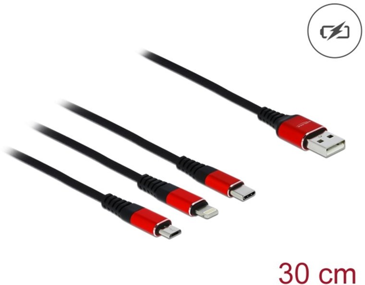 Kabel Delock USB Type-A - micro-USB + Lightning + USB Type-C M/M 0.3 m Black/Red (4043619858910) - obraz 2