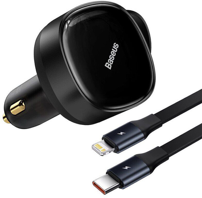 Автомобільний зарядний пристрій Baseus Enjoyment Retractable 2-in-1 Car Charger C+L 30 Вт Black (CGTX000001) - зображення 3