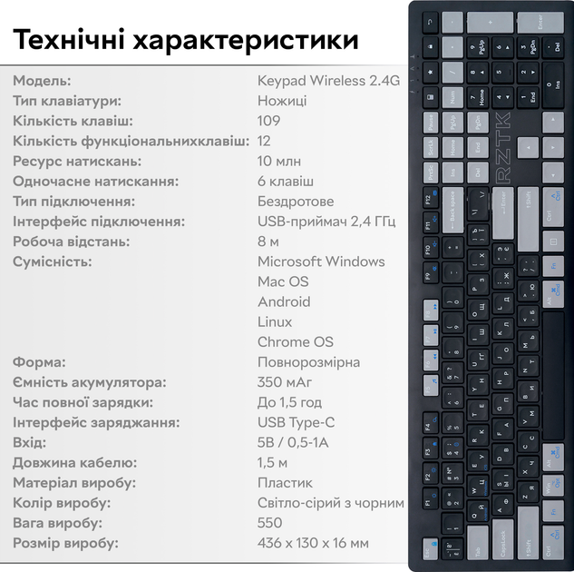 Клавіатура бездротова RZTK Keypad Wireless 2.4G - зображення 14