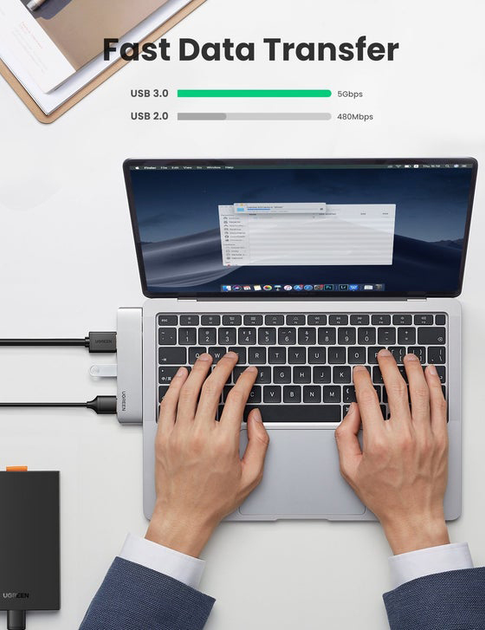 USB-хаб UGREEN CM251 5-in-2 Dual USB Type-C to 3x USB 3.0 + HDMI + USB Type-C Multifunction Adapter Space Gray (6957303865598) - зображення 4