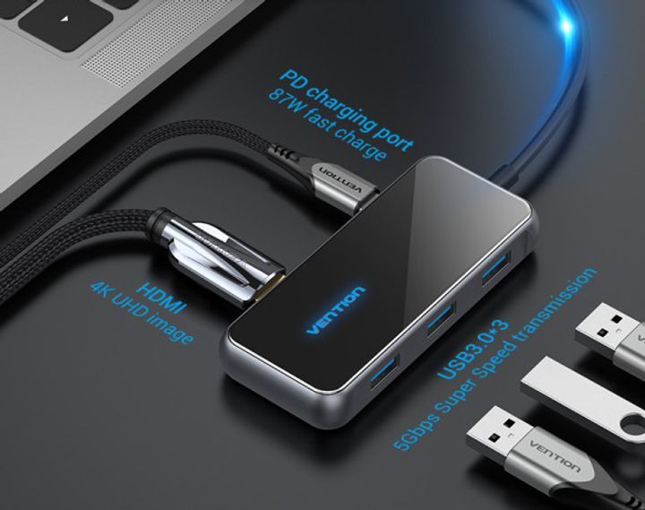 USB-хаб Vention 5 в 1 Type-C-HDMI-USB-PD 3USB 3.0 4K 60 Гц 87 Вт 0.15 м Black (6922794745643) - зображення 6