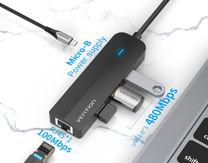 USB-хаб Vention 3-Port з microUSB живленням 0.15 м Black (6922794751972) - зображення 2