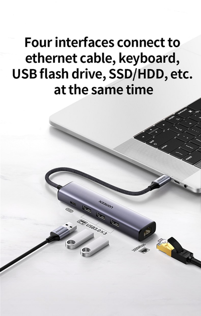 USB Hub Ugreen CM475 Type C to 3xUSB HUB+Gigabit Converter with PD Space Gray (6957303829323) - obraz 2