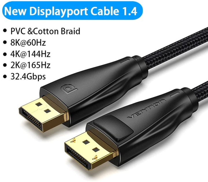 Кабель Vention DisplayPort v1.4 1 м Black, 8K 60 Гц, 4K 144 Гц, 2K 165 Гц, 1080P 240 Гц (6922794753921) - зображення 2