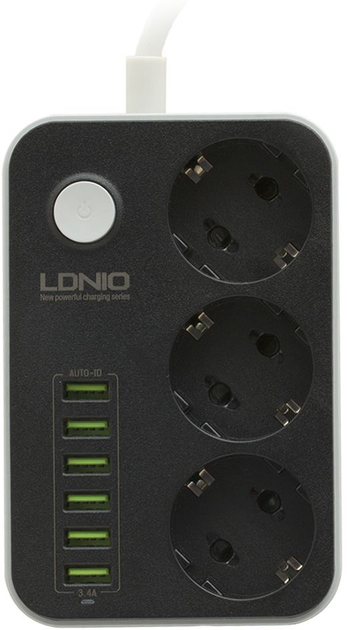 Мережевий фільтр-подовжувач LDNIO SE3631 3 розетки / 6 USB 1.6 м Black / White (6933138636312) - зображення 1