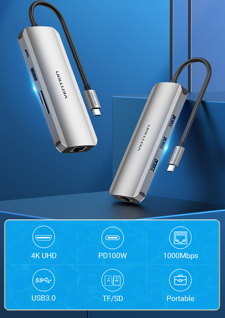 USB Hub Vention Hub 8-in-1 USB 3.1 Type-C - HDMI / USB 3.0 x 3 / RJ-45 / SD / TF / PD 100 W (6922794753488) - obraz 2