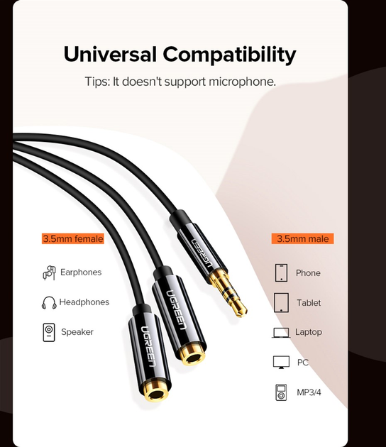 Kabel Ugreen AV134 3.5 mm Male to 2 Female Audio Cable 25 cm Black (6957303828166) - obraz 4