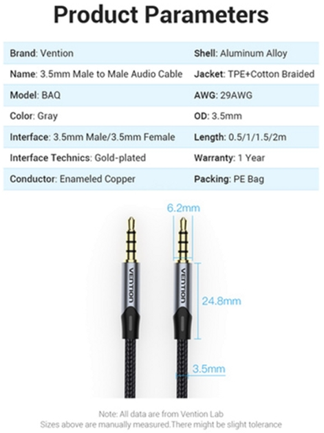 Kabel Vention TRRS Audio 3.5 mm Metal Type 1.5 m Black (6922794751279) - obraz 2