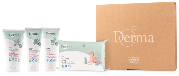 Żestaw Derma Eco Baby maść łagodząca 100 ml + krem pielęgnacyjny 100 ml + szampon/mydło do kąpieli 150 ml + chusteczki nawilżane 64 szt (5904722225282) - obraz 1