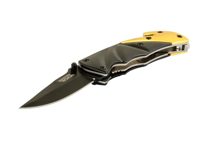 Нож складной MASTERTOOL "BULAT" 150х29х17 мм черное нержавеющее лезвие алюминиевая рукоятка стропорез AMS1263 - изображение 2