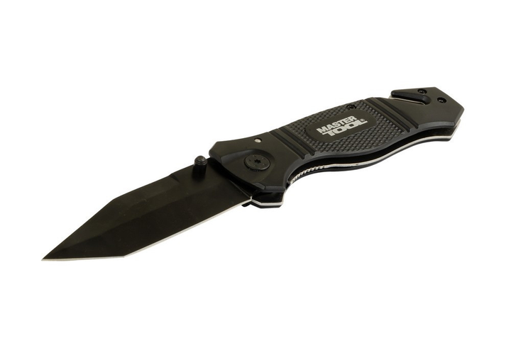 Нож складной MASTERTOOL "ELMAX" 207х37х16 мм черное нержавеющее лезвие алюминиевая рукоятка стропорез AMS1264 - изображение 2