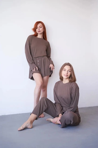 Жіночий домашній комплект трійка кофта, шорти та штани Carmen S-M коричневий - Фото 9 Жіночий домашній комплект трійка кофта, шорти та штани Carmen S-M коричневий - зображення 9