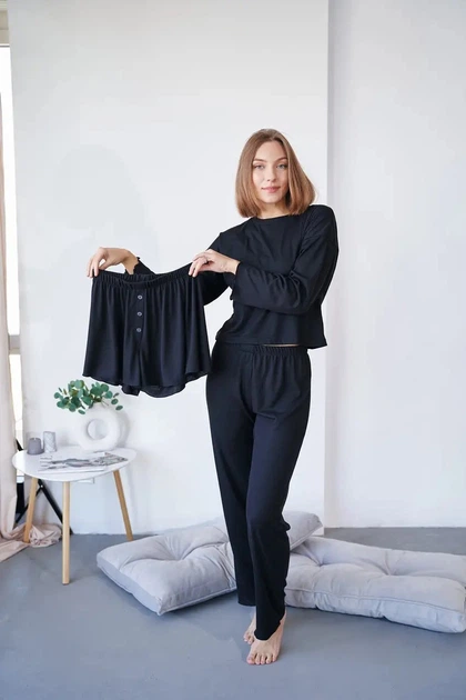 Жіночий домашній комплект трійка кофта шорти та штани Carmen L-XL чорний - Фото 9 Жіночий домашній комплект трійка кофта шорти та штани Carmen L-XL чорний - зображення 9