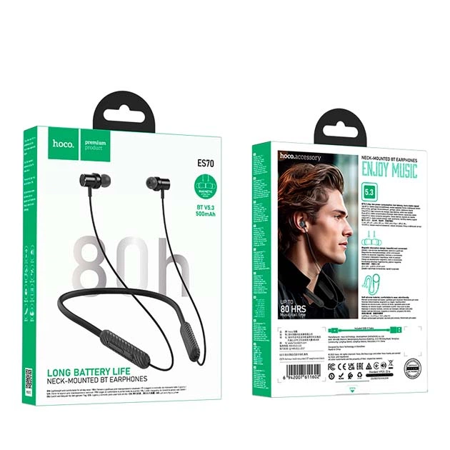 Наушники Bluetooth Hoco ES70 Wireless Comfort Magnetic бездротові вакуумні із мікрофоном для бігу та спорту 90H Bluetooth 5.3 500 мАч 0.9М Чорний - изображение 2