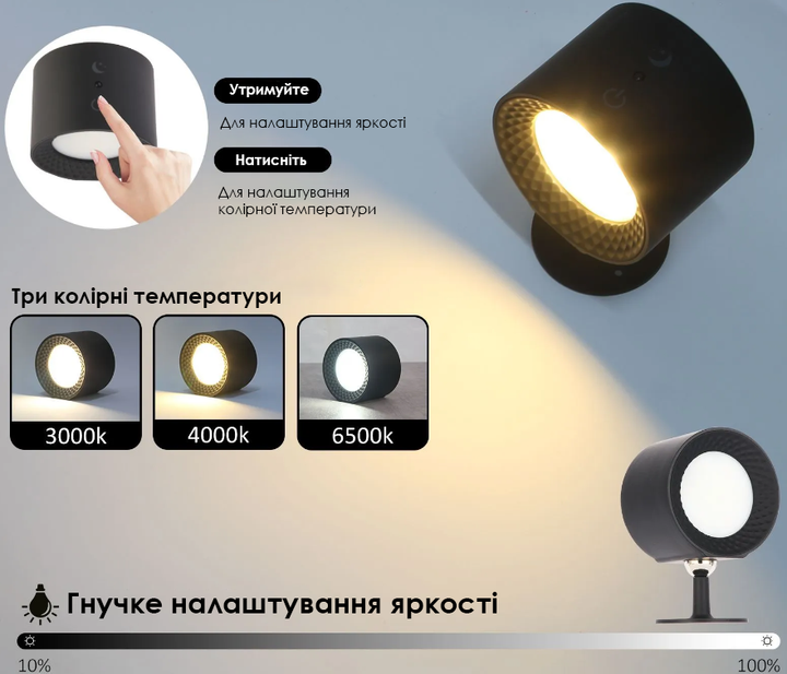 Світлодіодний настінний сенсорний світильник із пультом, що обертається на 360°, USB-зарядка, Athand - Фото 4 Світлодіодний настінний сенсорний світильник із пультом, що обертається на 360°, USB-зарядка, Athand - зображення 4