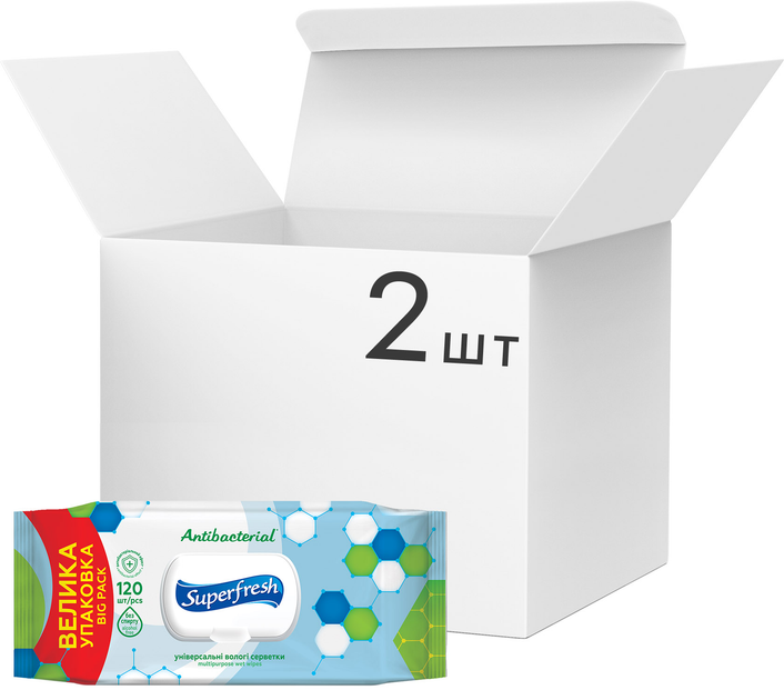 Упаковка вологих серветок Superfresh Antibacterial з клапаном 2 пачки по 120 шт. (42105641) - зображення 1