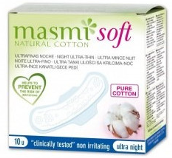 Прокладки Masmi Soft Night Ultra-Thin Pads  ультратонкі нічні з крильцями з органічної бавовни 10 шт (8432984000585) - зображення 1