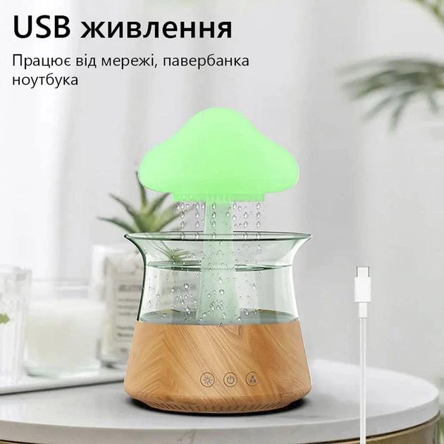 Увлажнитель воздуха гриб с эфектом дождя Rainforest, аромадиффузор с подсветкой Светлое дерево - изображение 7