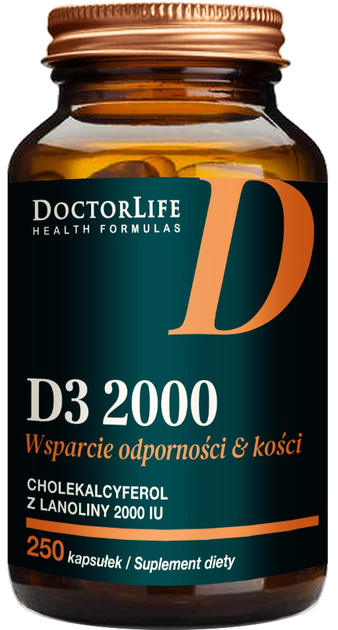 Suplement diety Doctor Life D3 2000 z Lanoliny w oliwie z oliwek 250 kapsułek (5906874819913) - obraz 1