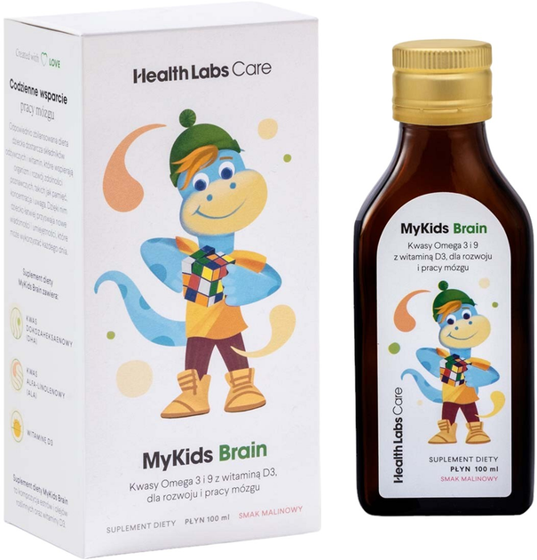 Suplement diety Health Labs Care MyKids Brain kwasy Omega 3 i 9 z witaminą D3 malinowy 100 ml (5904474812846) - obraz 1