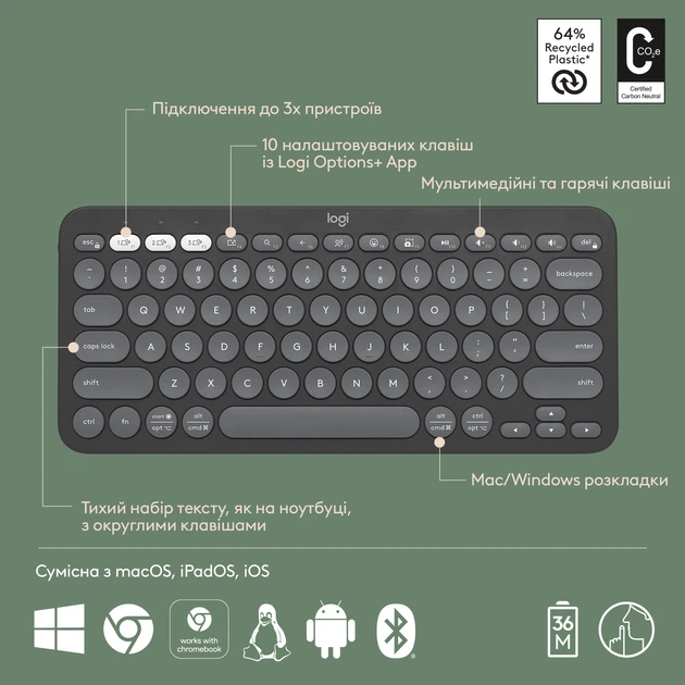 Клавиатура Logitech Pebble Keys 2 K380s Графит (920-011851GRP) 270654 - изображение 6