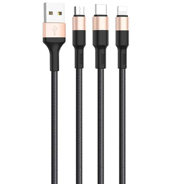 Дата кабель HOCO X26 Xpress 3in1 Lightning -MicroUSB-Type-C (1m) (Чорний / Золотий) (104744) - Фото 3 Дата кабель HOCO X26 Xpress 3in1 Lightning -MicroUSB-Type-C (1m) (Чорний / Золотий) (104744) - зображення 3