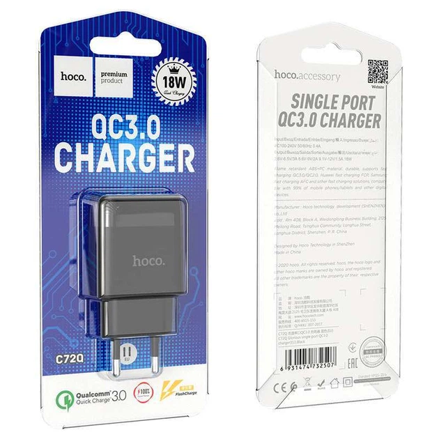 Мережевий зарядний пристрій HOCO C72Q Glorious QC3.0 18W (1USB/3A) (Чорний) (130998) - зображення 4