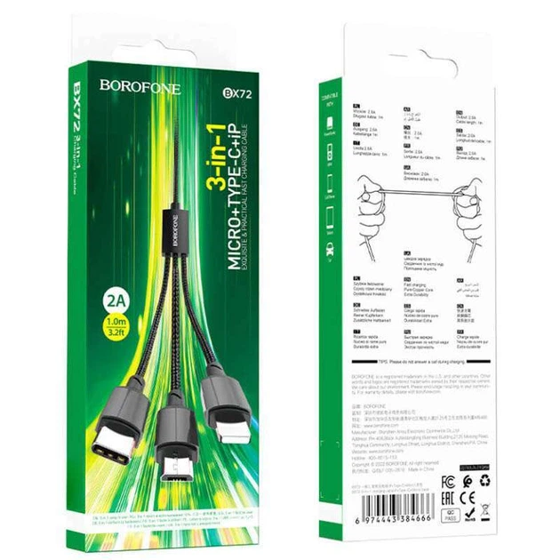 Дата кабель Borofone BX72 USB to 3in1 (1m) (Чорний) (138533) - Фото 10 Дата кабель Borofone BX72 USB to 3in1 (1m) (Чорний) (138533) - зображення 10