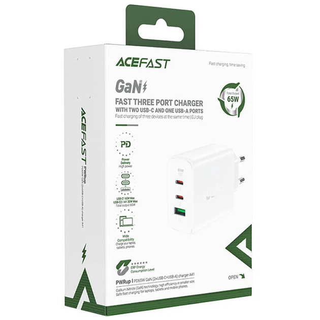 СЗУ Acefast A41 PD65W GaN (2*USB-C+USB-A) White - изображение 4
