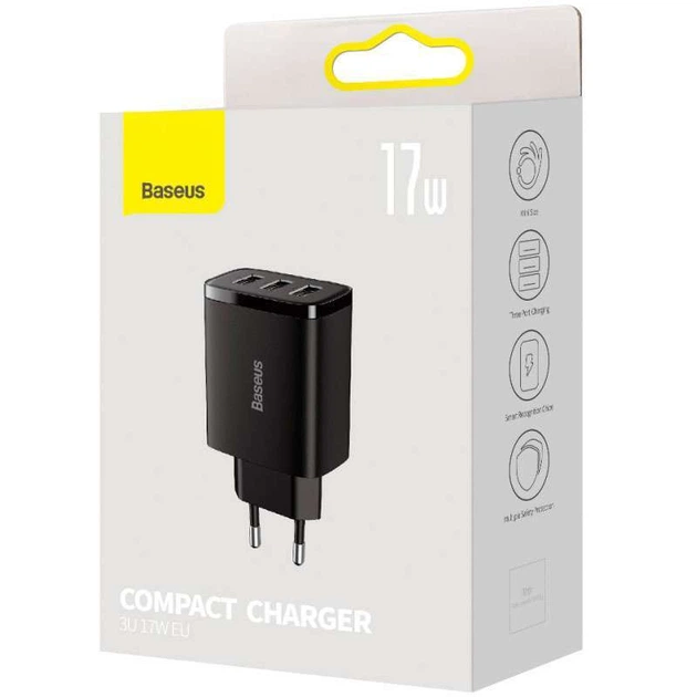 Мережевий зарядний пристрій Baseus Compact 17W (3USB) (Чорний) (136545) - зображення 5