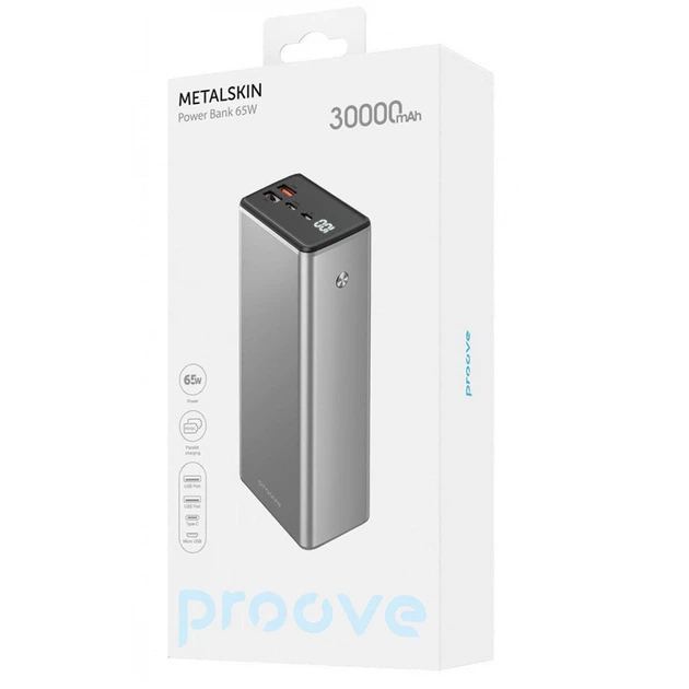 Портативний зарядний пристрій Proove Metalskin 65W 30000 mAh (Gray) (181942) - Фото 2 Портативний зарядний пристрій Proove Metalskin 65W 30000 mAh (Gray) (181942) - зображення 2