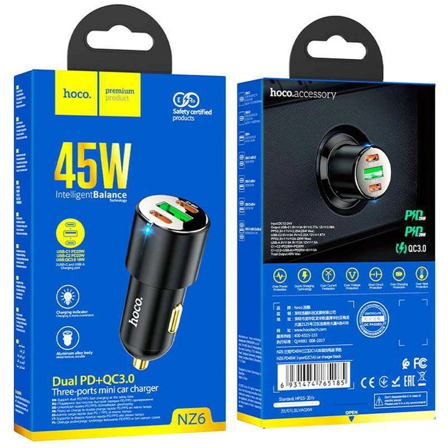 Автомобільний зарядний пристрій HOCO NZ6 PD45W (Black) (156653) - Фото 6 Автомобільний зарядний пристрій HOCO NZ6 PD45W (Black) (156653) - зображення 6