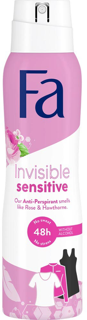 Antyperspirant Fa Invisible Sensitive 48h w sprayu o zapachu róży i głogu 150 ml (9000101045765) - obraz 1