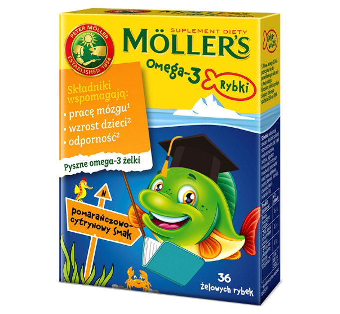 Дієтична добавка Mollers Omega-3 Рибні желе з вітаміном D3 Апельсин і лимон 36 шт (7070866026080) - зображення 1