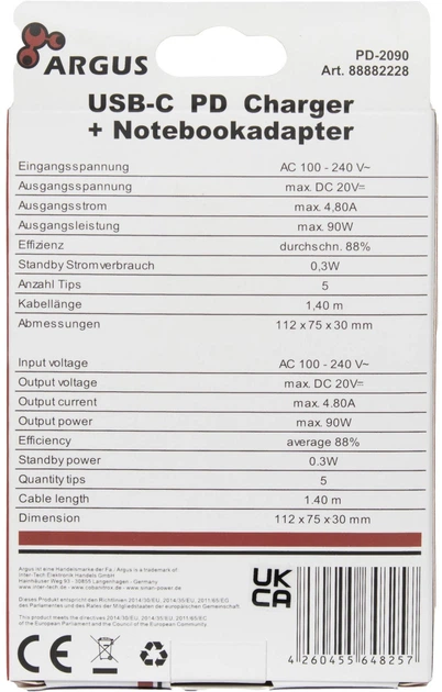Сетевое зарядное устройство Inter-Tech PD-2090 USB-C 90 Вт Черная (88882228) - изображение 5