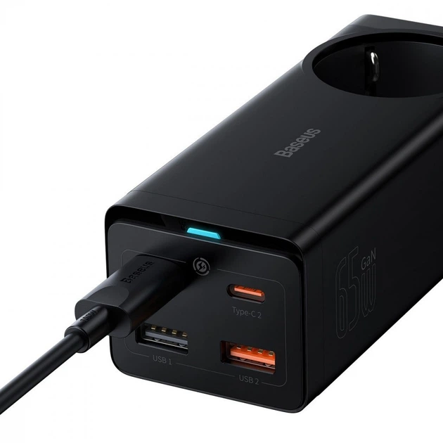 Мережевий фільтр Baseus GaN3 Pro Desktop Powerstrip 65W (2xType-C + 2xUSB + AC(EU)) Black - изображение 2