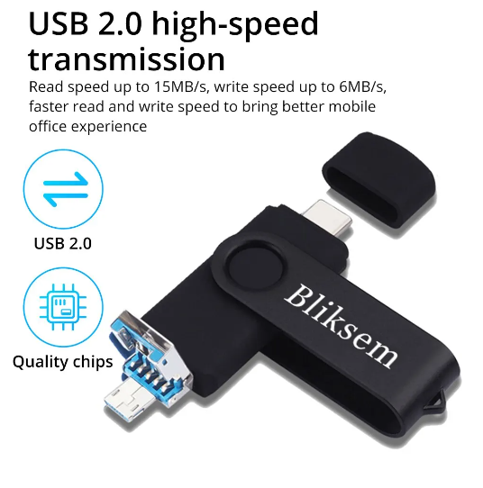 Флешка Bliksem USB 2.0 OTG 64 ГБ металева скоба (3в1) USB + Type-C + USB micro Black - Фото 4 Флешка Bliksem USB 2.0 OTG 64 ГБ металева скоба (3в1) USB + Type-C + USB micro Black - зображення 4