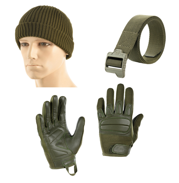 M-tac комплект рукавички тактичні шапка ремінь олива L - зображення 1