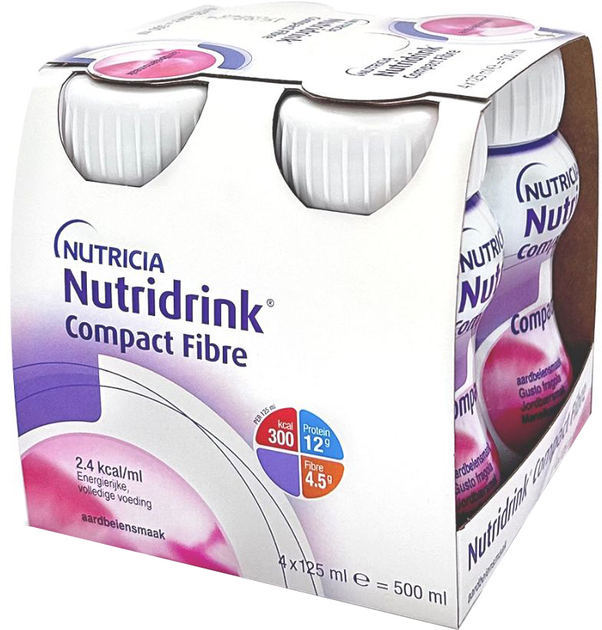 Энтеральное питание Nutricia Nutridrink Compact Fibre Strawberry со вкусом клубники с высоким содержанием энергии и пищевыми волокнами 4 шт х 125 мл (8716900551628) - изображение 1
